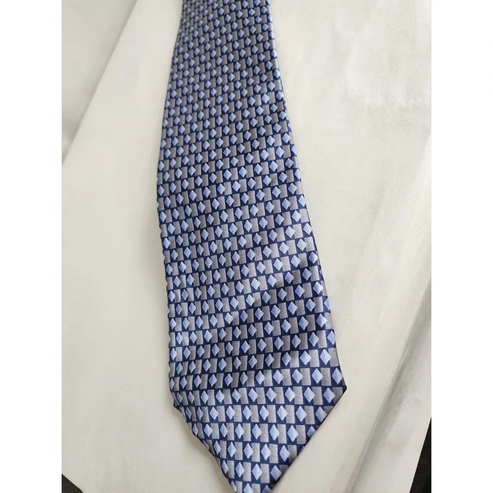 Stonehenge Mens Blue Grey Geometric Diamond Pattern 100% Silk Handmade Necktie
